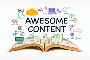 &quot;Awesome Content&quot; in text over an opened book and different marketing and web related icons on white background