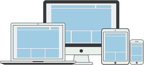 Cartoon graphic of various devices showing responsive web design attributes on each screen.
