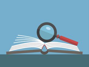 Illustration of magnifying glass on open book lying on table on blue background. 